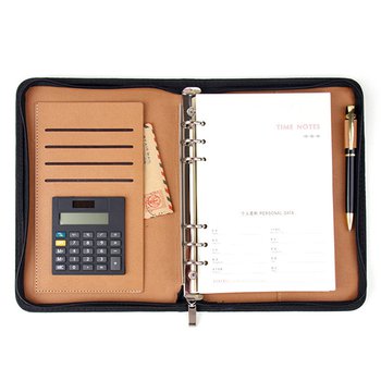 A5時尚精緻拉鍊款工商日誌-活頁筆記本-附計算機.卡片收納夾層_4